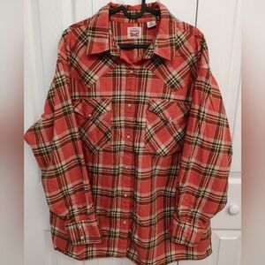 Levi’s Women's 2X Coral Plaid Western Pearl Snap Shirt - Flannel Button Front